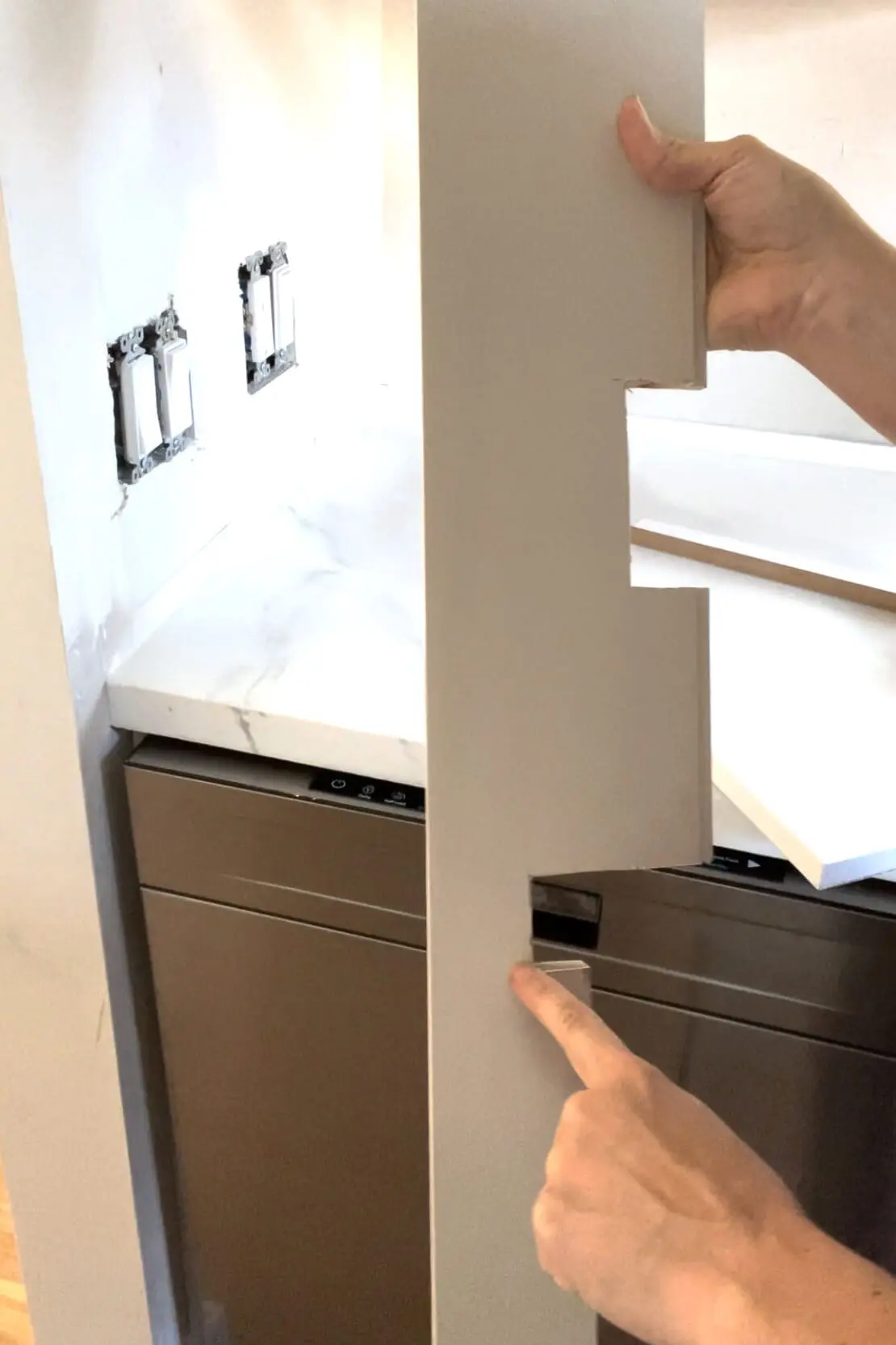 Cutting a shiplap backsplash. 